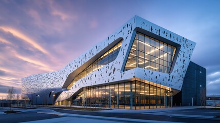 Futuristic building with unique geometric facade and panoramic windows at sunset
