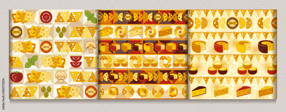 Poster seamless patterns with icons of cheese slices, cheese wheels. objects arranged horizontally in a row