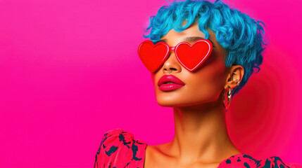 A playful woman with blue hair and heart sunglasses poses against a vivid pink backdrop