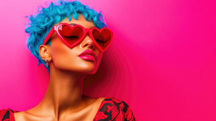 A woman with blue hair playfully poses in heart-shaped sunglasses against a pink backdrop