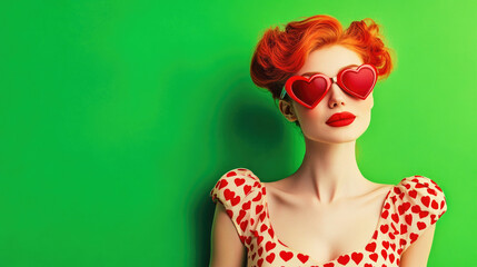 A playful woman with red hair in heart-shaped sunglasses poses against a vibrant green background