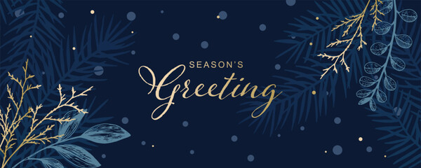 Festive holiday banner design with pine and eucalyptus leaves for Christmas celebration. Season's Greeting text with gold and blue botanical illustrations on dark blue background.