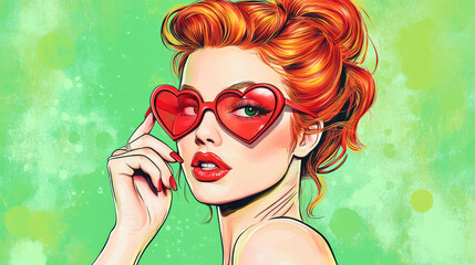 A woman with bright red hair poses playfully, donning red heart-shaped sunglasses