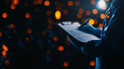 A silhouetted auditor meticulously checks documents, symbolizing accuracy, diligence, inspection, compliance, and accountability.