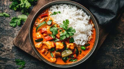 Vibrant Curry Dish with Rice and Fresh Herbs