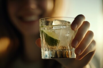 Close-up of smiling woman with refreshing drink in hand.