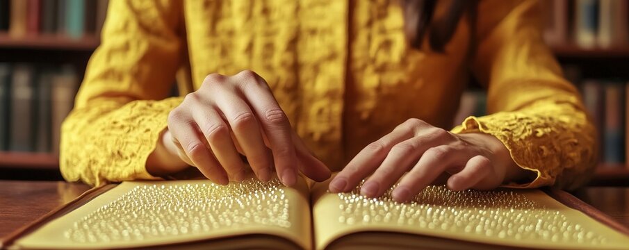 Person reading braille book at wooden table
