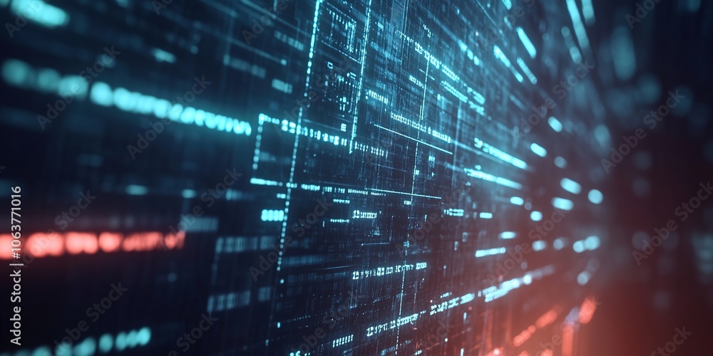 Poster digital code matrix with glowing blue and red lights.