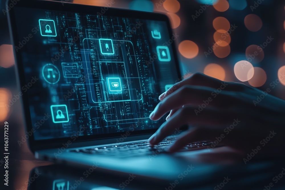 Poster hands typing on laptop with digital security concept on screen