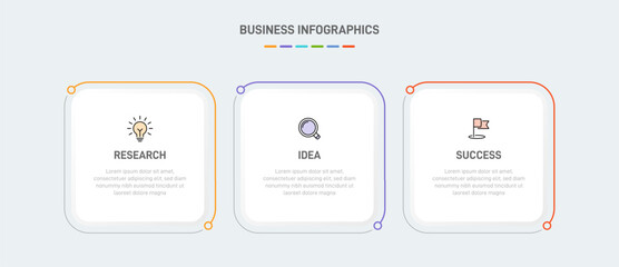 3 clean infographic design shaped elements template, symbolizing the three stages of business strategy and progression. Progress bar or timeline. Vector for presentation, web site or app.