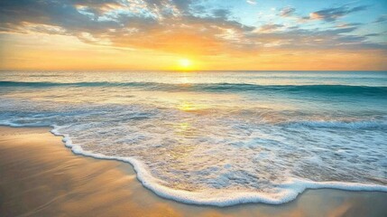 Obraz premium Tranquil sunset over calm ocean waves, illuminating the sandy shore.