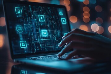 Hands typing on laptop with digital security concept on screen
