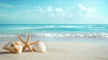 Starfish and seashells on a serene sandy beach with gentle waves.