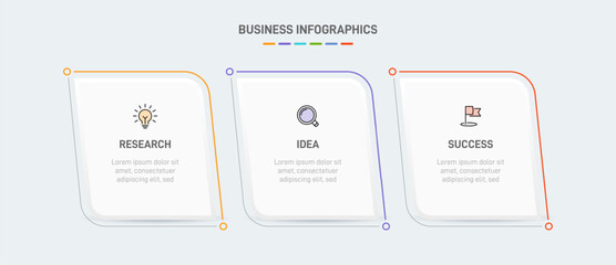 3 clean infographic design shaped elements template, symbolizing the three stages of business strategy and progression. Progress bar or timeline. Vector for presentation, web site or app.