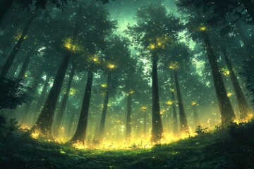 Obraz premium Mystical Forest with Glowing Lights and Tall Trees