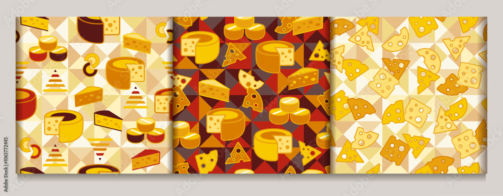 Poster seamless pattern with icons of cheese slices, pieces and wheels on mosaic background. flat simple ge