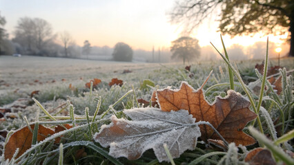 Frosty leaves on grass at sunrise, peaceful winter morning