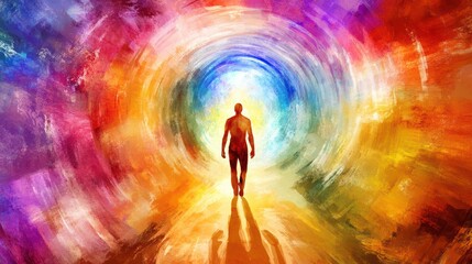 Figure Walking Through a Glowing Tunnel of Colors
