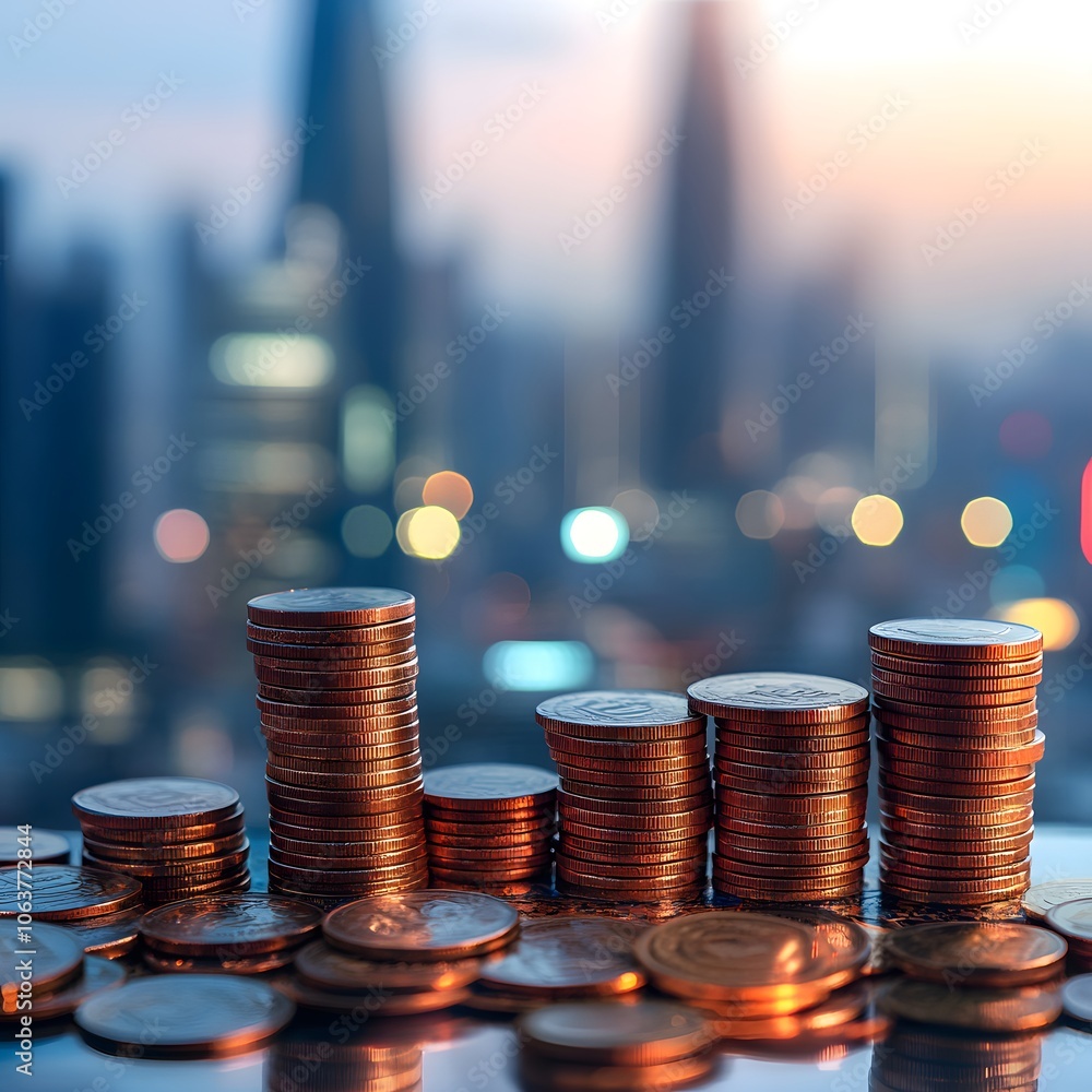Poster stacks of coins with city skyline at dusk