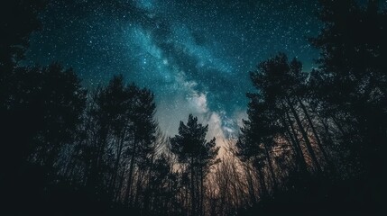 Naklejka premium Glowing Starry Sky Over Minimalist Forest Landscape