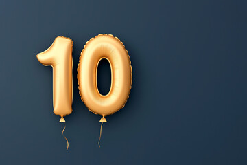 golden balloon shaped as the number ten floats against a deep navy blue background, exuding elegance and festivity. ideal for celebrating a ten-yearanniversary, milestone event, or brand achievement. 