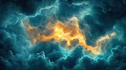 Fototapeta premium A dramatic sky with dark clouds and a bright, golden light breaking through.