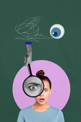 Composite trend artwork sketch photo collage of young lady confused face staring hand hold...