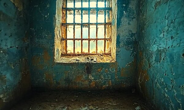 A dilapidated prison cell with a barred window and sunlight streaming in.