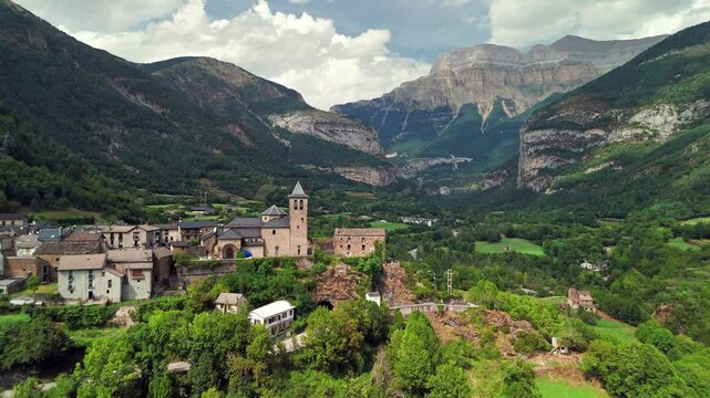 Aerial viiew of the Torla-Ordesa village in Pyrenees, Spain
