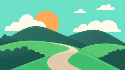 Obraz premium A serene landscape of rolling hills at sunset with a winding path.