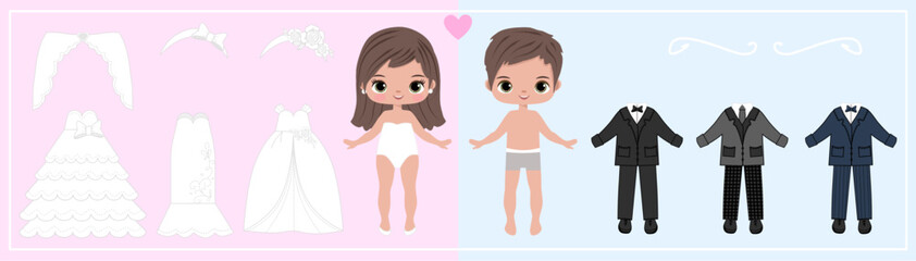 Paper doll clothes.Wedding.Cute girl with clothes set, collection. Fashion girl, boy . Dress up stickers. Vector illustration. Baby doll, children, kids play, toy, game, activity. Cutouts, cut out. 