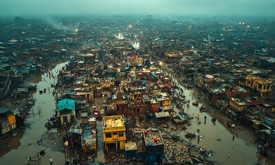Aerial view of a densely populated area affected by flooding.