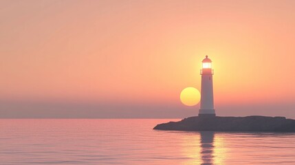 A serene lighthouse silhouetted against a vibrant sunset over calm waters.
