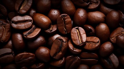 Naklejka premium Dark Coffee Beans Close-Up for Background Texture and Design Element in Natural Lighting