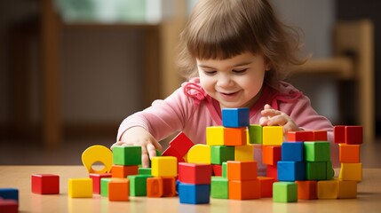 Cheerful Young Child with Down Syndrome Engaged in Playful Activity Using Colorful Cubes at Home