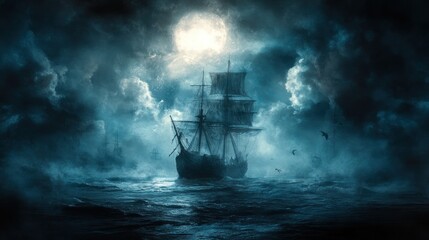 A ghostly ship sails through a stormy sea under a full moon.