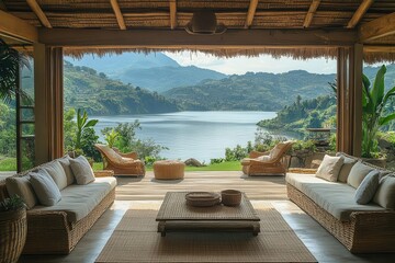 Fototapeta premium serene ecolodge interior opens to a breathtaking lake view with natural wooden furnishings and calming colors creating a relaxing ambiance that harmonizes with the surrounding beauty of nature