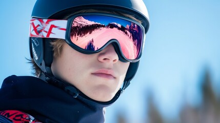 Young Male Skier with Helmet and Goggles, Carrying Skis Against Snowy Mountain and Blue Sky Background