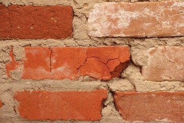 Close-up shot of an old red brick wall