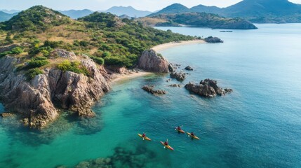Fototapeta premium Kayakers paddle near secluded islands, discovering hidden beaches and rocky shores.