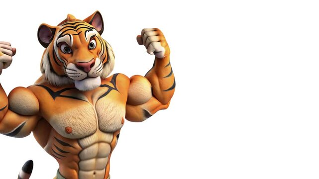 zoomed 3d cartoon muscular tiger showing his muscular body off in workout gym suit theme with large copy space area