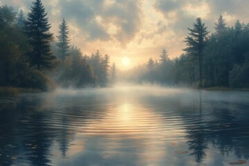 Fototapeta premium serene lake scene enveloped in a gentle fog with soft ripples on the waters surface creating a peaceful atmosphere that invites reflection and tranquility amidst natures beauty