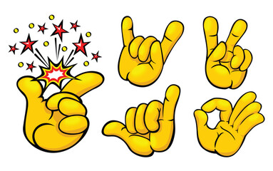 Fototapeta premium Positive signs set with fingers. Hard rock horns, peace or victory, easy, shaka, okay gestures. Vector cartoon templates on transparent background