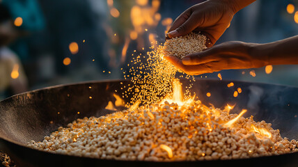 Hands tossing sesame seeds and popcorn into the Lohri bonfire