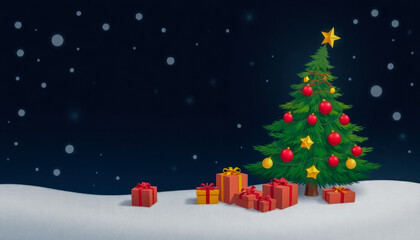 Obraz premium Christmas tree with gifts and falling snowflakes against dark blue background