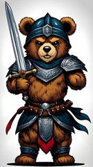 Fototapeta premium An evil warrior with a sword, carries a teddy bear on his shield illustration