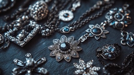 Obraz premium A close-up shot of various silver and black jewelry pieces with rhinestones laid out on a dark surface.