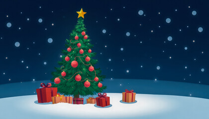 Christmas tree with gifts and falling snowflakes against dark blue background