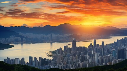 Naklejka premium Ethereal Central Park Sunset Cityscape. Iconic Hong Kong Skyline at Asias Business Center