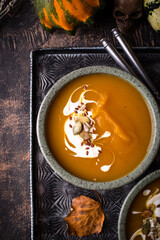 Vegetarian autumn pumpkin cream soup